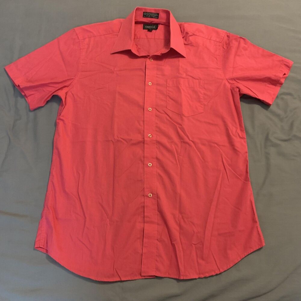 Omega Shirt Mens Large Red Short Sleeve Button Up Dress Casual‎ Pocket 16-16.5